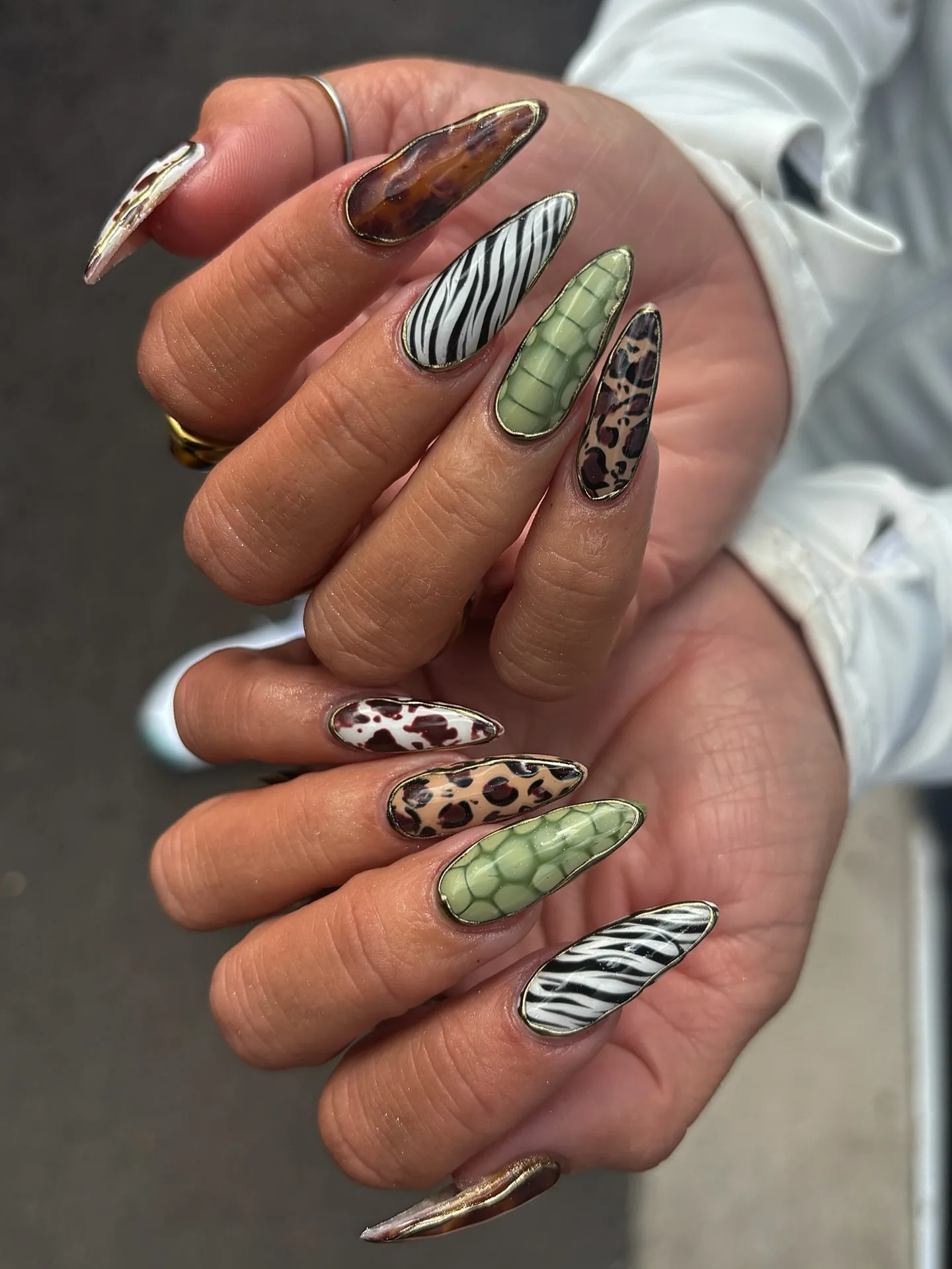 Lange mandelförmige Nägel mit Schildpatt-, Zebra-, Leoparden- und grünem Krokodilmuster, mit Gold akzentuiert.