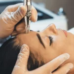 Nahaufnahme einer professionellen Microneedling-Behandlung im Gesicht einer Frau in einer Klinik