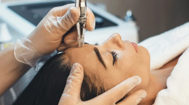 Nahaufnahme einer professionellen Microneedling-Behandlung im Gesicht einer Frau in einer Klinik