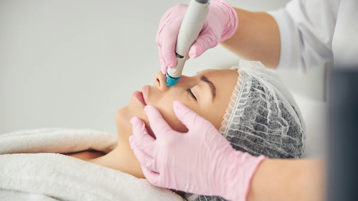 Nahaufnahme einer Frau während einer HydraFacial-Behandlung, während eine Fachkraft mit behandschuhten Händen das Gerät über ihre Nase führt