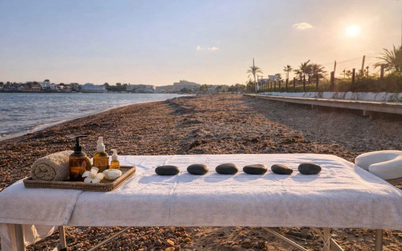 Eine Massageliege, aufgebaut an einem Kieselstrand zur goldenen Stunde, ausgelegt mit einem gerollten Handtuch, einem Tablett mit bernsteinfarbenen Ölfläschchen, einer Frangipani-Blüte und einer Reihe dunkler heisser Steine. Das Meer und ein von Palmen gesäumtes Ufer erstrecken sich in die Ferne unter einem warmen Abendhimmel.